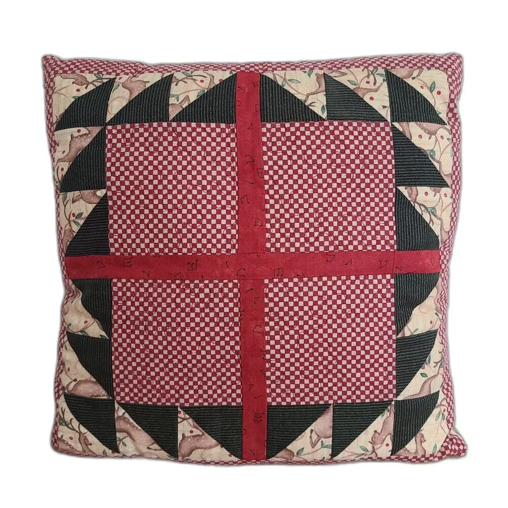 Vintage Christmas Holiday Accent Pillow Handmade Machine Stitch Christmas Fabric